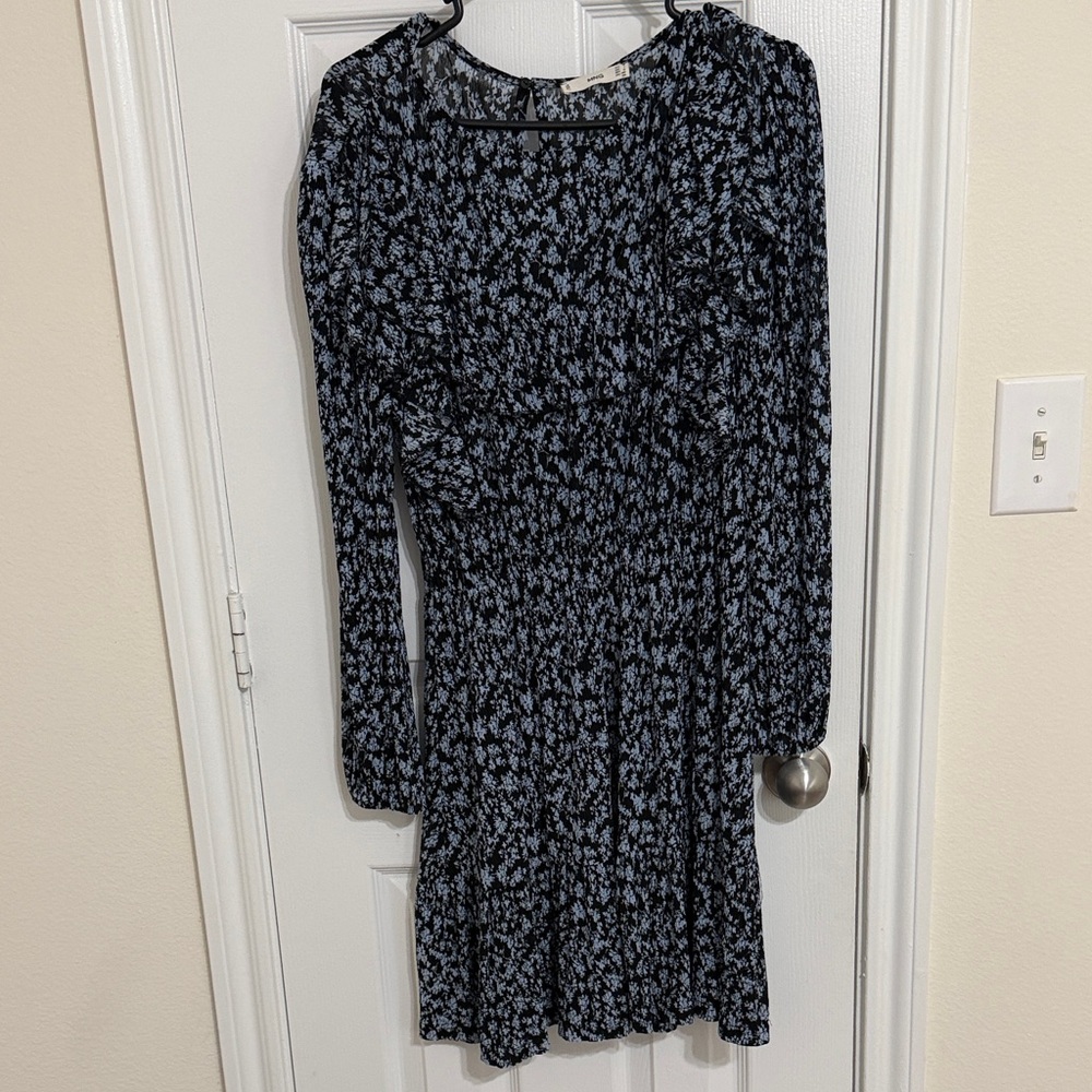 Mango Floral Long-Sleeve Dress - Black & Light Blue